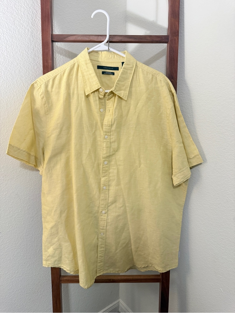 Perry Ellis Men’s Short-Sleeve Button-Down Shirt — Light Yellow Linen/Cotton